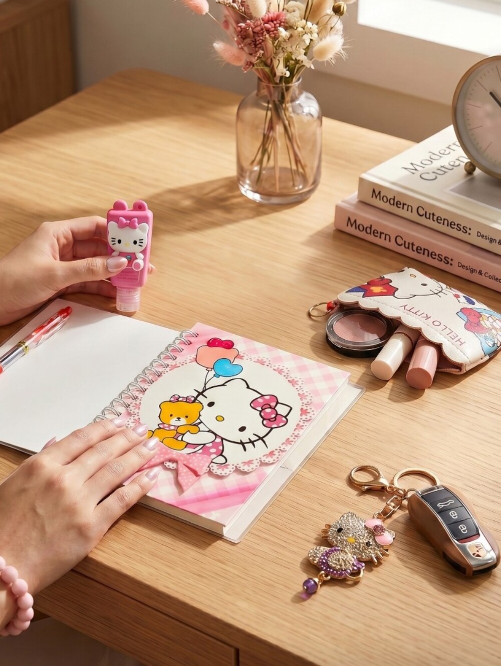 Hello Kitty Notebook, Pen, Keychain, Coin Purse, And Sanitizer Holder Bundle